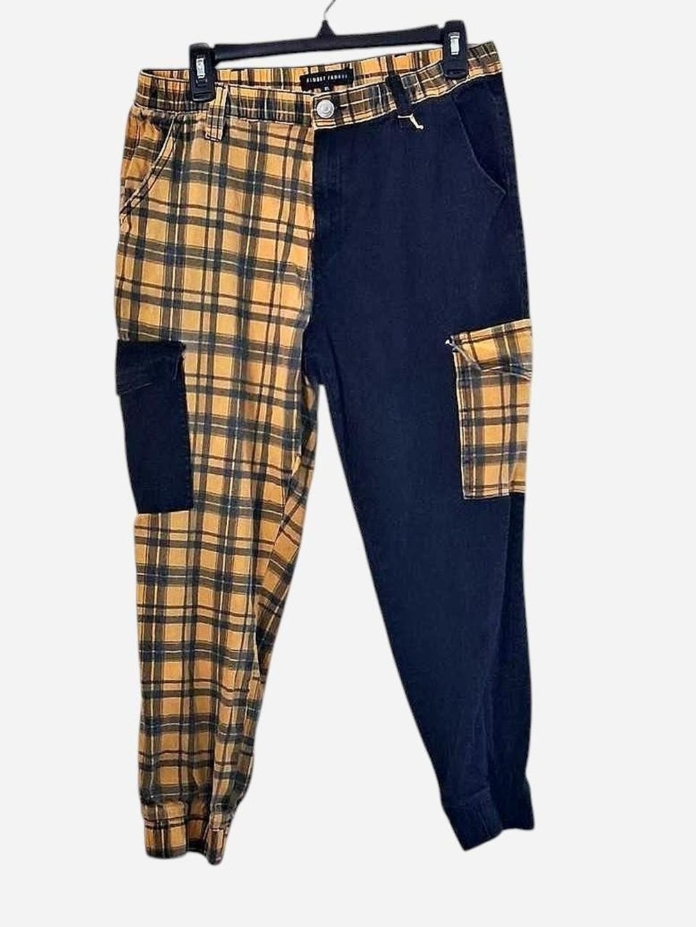 Almost Famous Yellow Plaid & Black Two-Tone Cargo Joggers